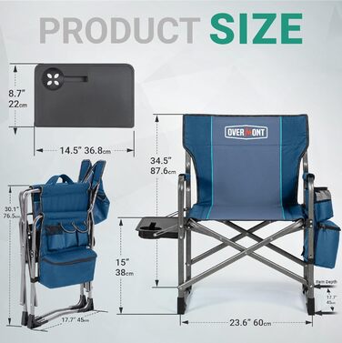 Кемпінговий стілець OVERMONT складний з бічним столиком та охолоджувальною сумкою, до 180 кг - блакитно-сірий