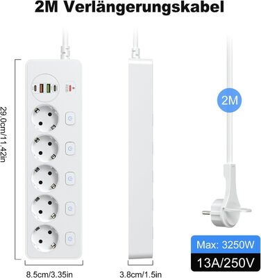 Мережевий адаптер 5-фазний з індивідуальним вимикачем, з 2 USB-A та 2 USB-C, мережевий розподільник 5-фазний з вимикачем, мережева стрічка настінна з 2м кабелем, PD 20W - Білий