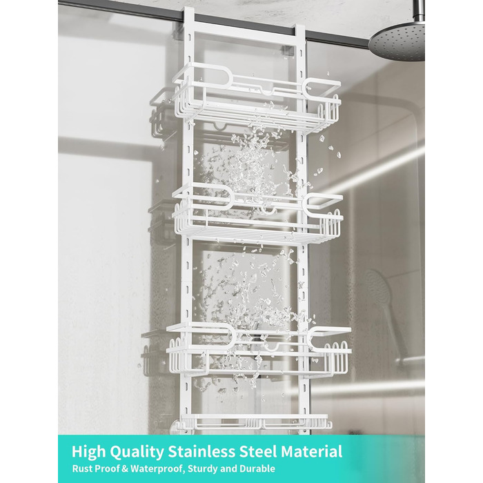 HapiRm Shower Shelf - Hanging Shower Rack Adjustable with 4 Shower Baskets, Shower Shelf No Drilling with Soap Dish and Hooks, Shower Shelf Over the Door Glass Wall & Bathroom Door (White)