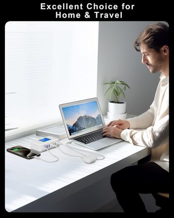 Зарядний пристрій RENGOGA 200W USB C GaN з 8 портами, LED дисплеєм, 65W USB-станція для iPad Pro/Air, MacBook, iPhone 16/15/14, Galaxy S24 - Білий