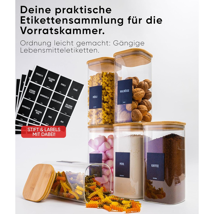 Скляні банки для зберігання Deco haus® з кришкою, набір 6 шт. [+ЕТИКЕТКИ] - 10x21 см