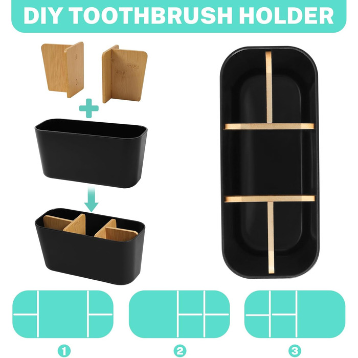 Підставка для зубних щіток з бамбуковими перегородками, органайзер для зубних щіток на 4 відділення + місце для пасти, чорний