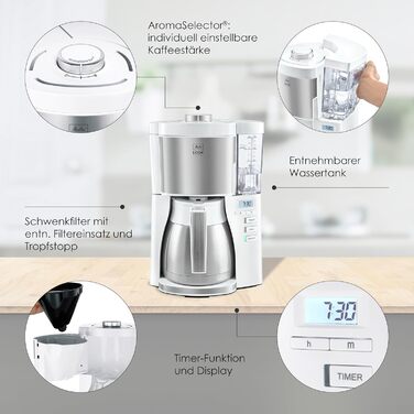 Melitta Look Therm Timer - Filter Coffee Machine - with Thermos Carafe - Timer Function - Drip Stop - White (1025-17) White with Thermos Carafe Single