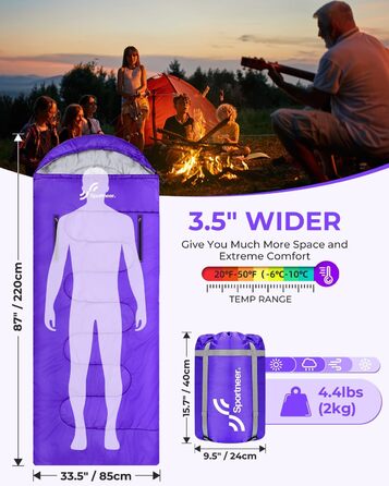 3-4 Season Sleeping Bag - Waterproof, Lightweight Sleeping Bag for Camping, Travel & Outdoor Activities - 220x84cm, 1.9KG (Violet)