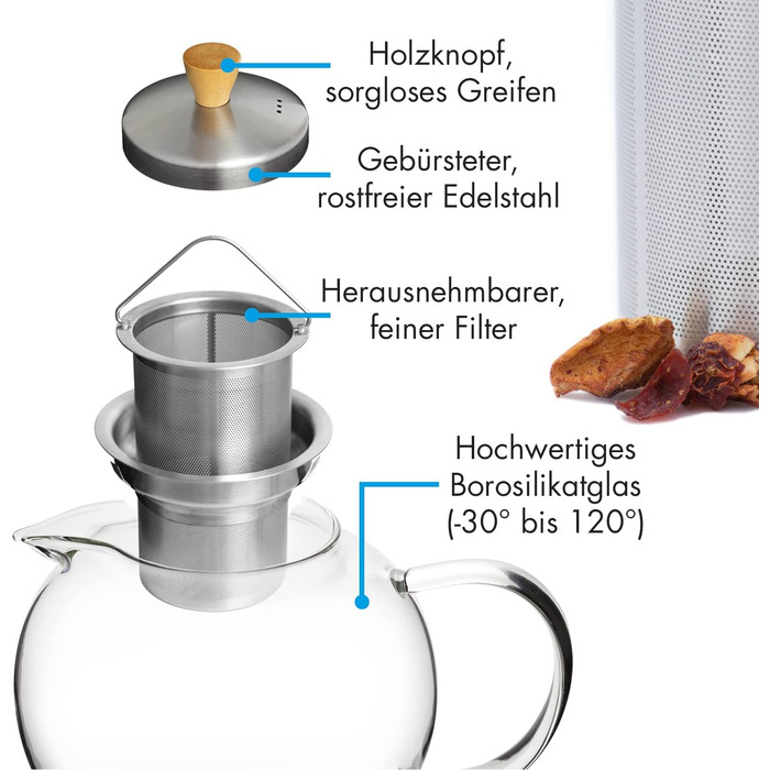 Чайник зі скла GLASWERK 1,3L з нержавіючої сталі та дерев'яною ручкою, з ситечко
