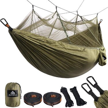 Гамак для кемпінгу NATUREFUN з москітною сіткою, 300 кг, 275x140 см, армійський зелений + 2 карабіни + 4 стропи