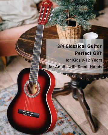 Класична гітара Winzz 4/4 для дорослих та дітей (від 11 років), набір для початківців - Чорний глянцевий (39 дюймів), 3/4 - Червоний
