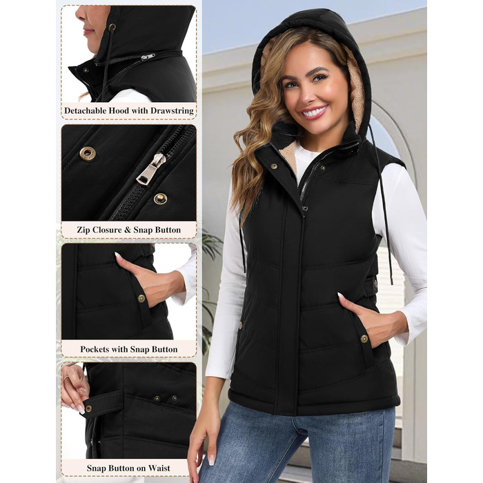 Жіноча жилетка Tuopuda з капюшоном, стеганий фліс, утеплена флісом, тепла зимова куртка без рукавів, термо жилетка, комір-стійка, жилетка з капюшоном, блискавка, осінь/зима, чорний колір, розмір L