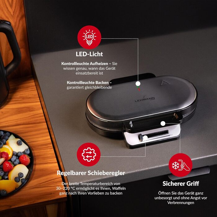 Вафельниця LEHMANN Doppel Waffeleisen Herzform - для випікання 10 вафель у формі серця, з антипригарним покриттям, регулюванням температури, індикатором нагріву, 1200W, чорний/срібний