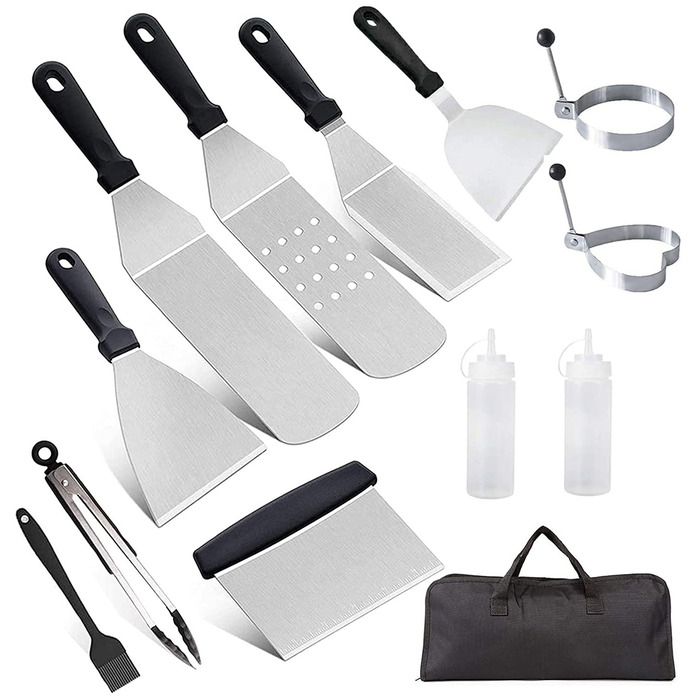 Набір з 12 штук шпателів для гриля AMZMUKAUP, інструмент для барбекю з нержавіючої сталі з сумкою, ідеальний для гриля на відкритому повітрі, Дня батька, Дня народження, Різдва, тепаньякі та кемпінгу