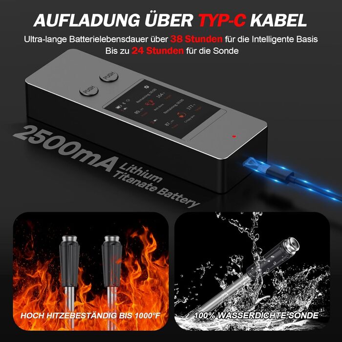 Бездротовий термометр для м'яса з 2 зондами, великий сенсорний екран, IP67 вологостійкий. Підходить для гриля, барбекю, коптильні. Чудовий подарунок на Різдво