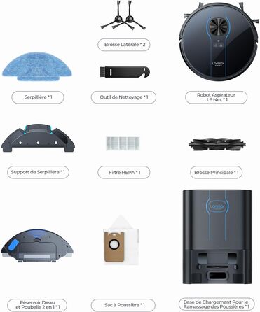 Робот-пилосос Laresar Clean з функцією миття підлоги, станція самоочищення L6 Nex, навігація LiDAR, 3л контейнер, до 180 хв роботи, 3-в-1 (прибирання, миття, пилосос), для видалення шерсті тварин, чорний