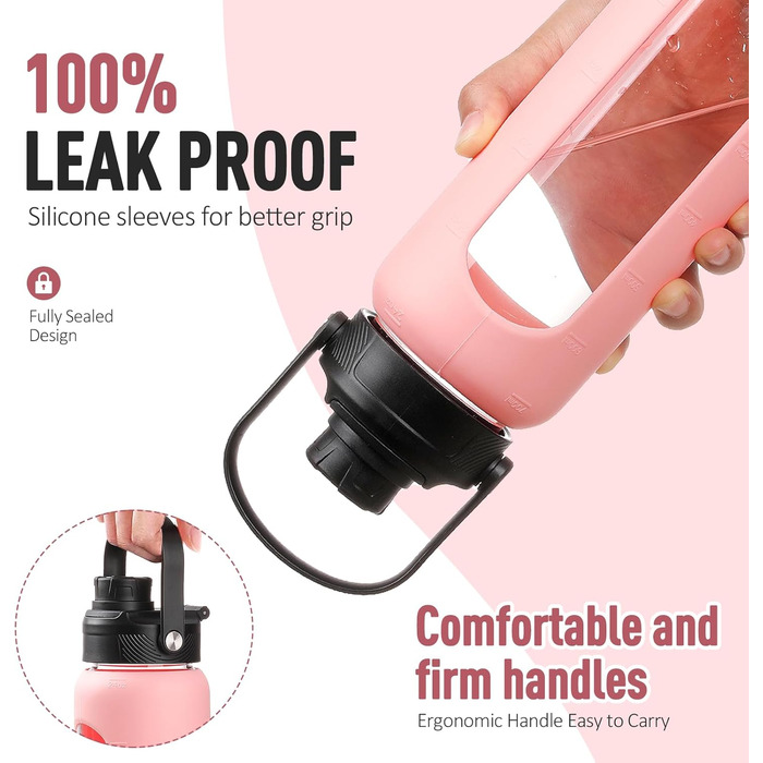 BLUEGO Glass Water Bottle - Sport Water Bottle with 2 Lids and Straw Leak-Proof Glass Bottle with Time Marker and Measuring Scale BPA Free, (Pink, 700ml)