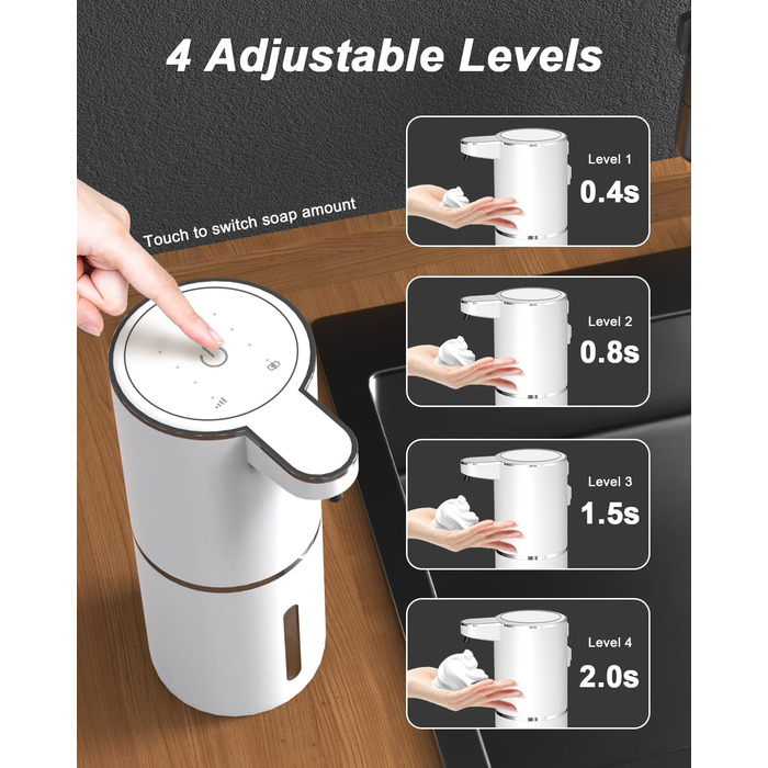 Автоматичний диспенсер для мила Dalugo USB-C, електричний сенсорний дозатор мила, 4 рівні, для кухні та ванної кімнати, білий