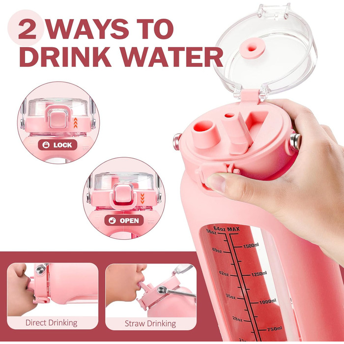 BLUEGO 2000ml Glass Water Bottle with Stainless Steel Handle and Time Marker 2L Motivation Glass Dryer with Silicone Sleeve and Straw for Gym, Office, Outdoors, Sports Water Bottles BPA-free, (Pink)