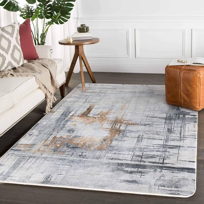 Сучасний килим Tinyboy-HBQ для вітальні та спальні: короткий ворс, сірий/золотий (120x160 см)