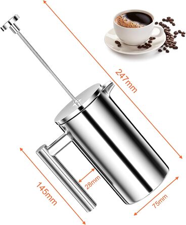French Press Uootach 350 мл: кавоварка з нержавіючої сталі з потрійним фільтром для дому, подорожей та кемпінгу (срібна)