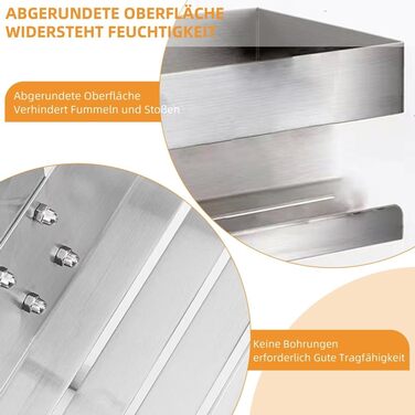 Полка для душу Melko з нержавіючої сталі без свердління, дзеркальний захист, кріплення для шампуню з гачками, підходить для душової кабіни з безрамковою скляною дверцями, антикорозійна, тримач для бритви та рушників