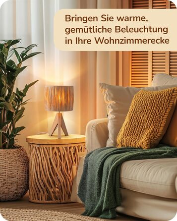 EDISHINE Настільна лампа з ручним плетінням, тепле світло 2700K, з дерев'яною підставкою, Boho стиль, для спальні, вітальні, готелю, з LED лампою E27 4W (рафія)