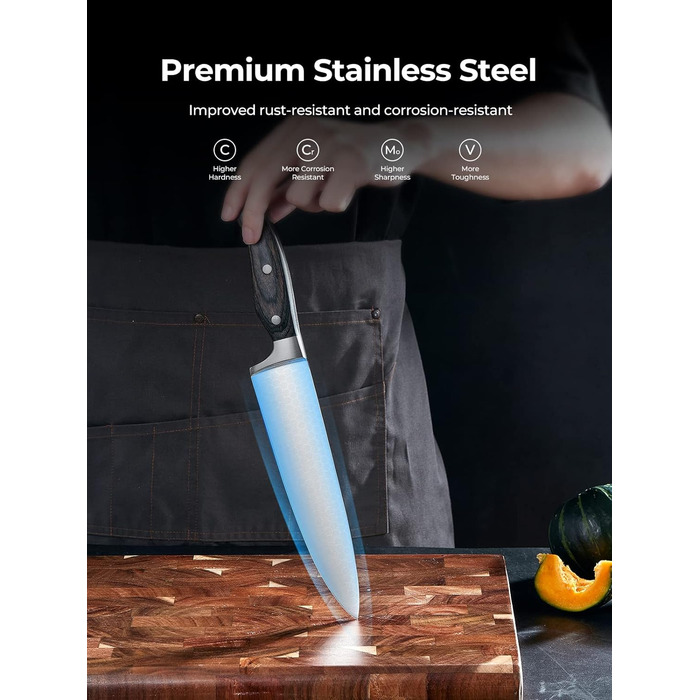 AMEGAT Self-Sharpening Knife Block Set with Carving Fork - Premium Stainless Steel Knife Set with Wooden Block - Vollerl & 3-Rivets Design