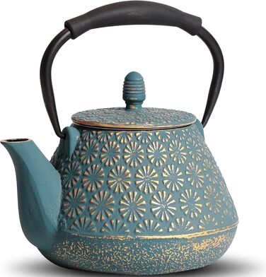 Cast Iron Teapot, 950ml Japanese Cherry Blossom Pattern Teakettle, Stovetop Safe, Infuser for Loose Tea & Coffee, Silicone Handle, Enamelled Interior, 32oz Blue