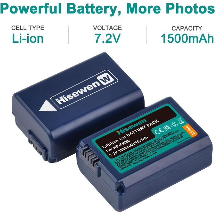 Акумулятор NP-FW50 Hisewen (2 шт.) та подвійний USB зарядний пристрій для Sony ZV-E10, A6000, A6100, A6300, A6400, A6500, A7, A7 II, A7S, A7S II, A7R, A7R II, NEX-7, NEX-6