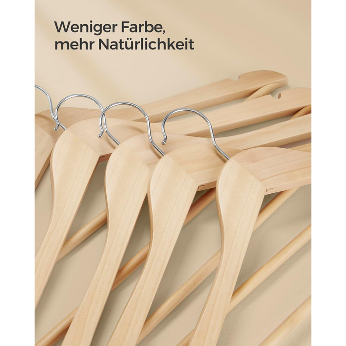 SONGMICS Wooden Clothes Hangers, 24-Piece Set, Wooden Hangers, Shoulder Indentations, Trouser Bar, Trouser Hanger, 360° Swivel Hook, for Jackets, Shirts, Coats, Natural Beige CRW010N24