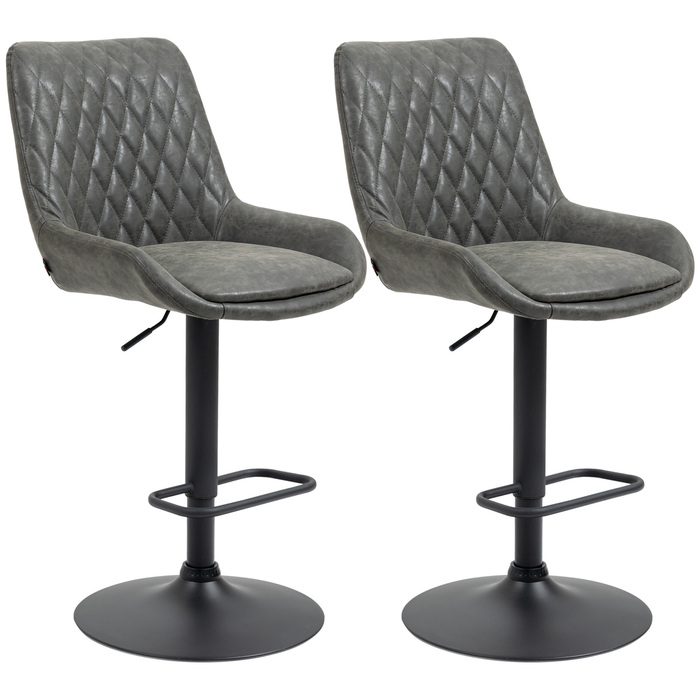 HOMCOM 2-Piece Adjustable Height Bar Stool Set with Backrest, Faux Leather Dark Grey for Bar and Kitchen