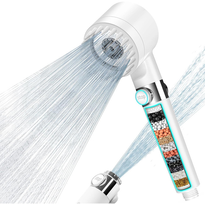 Showerhead with Filter MEKO High-Pressure Hand Shower with 15-Layer Filtration, 1.5M Hose, 3 Spray Patterns, Water-Saving Showerhead for Removing Hard Water, Residual Chlorine, Bacteria, and Heavy Metals (White)