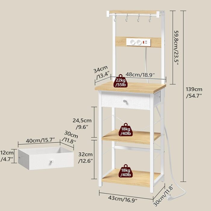Полиця кухонна з розетками, стелаж для пекаря, підлоговий стелаж, 34 x 48 x 139 см, полиця для мікрохвильовки з ящиками, 4 гачки, для кухні, вітальні, їдальні, чорний/білий ABRHR48UE01
