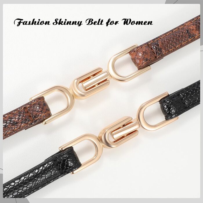 Жіночий тонкий шкіряний ремінь WHIPPY 2 шт. з золотою пряжкою, 105 см, для талії до 95 см (чорний+коричневий, шкіра змії, 8057)