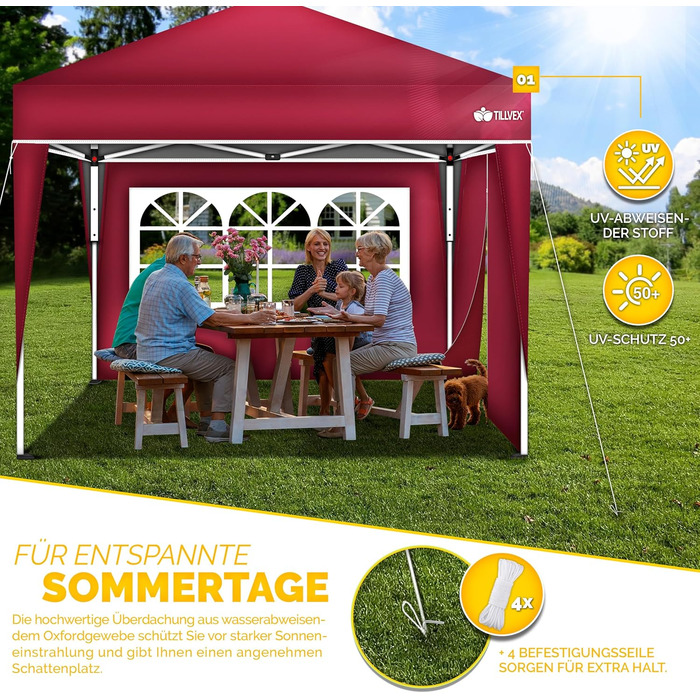 3x3m Waterproof Gazebo | Pop-Up Folding Gazebo with Adjustable Height | Garden Tent with UV Protection 50+ | Party Tent with Bag for Garden (Red - with 2 Side Panels)