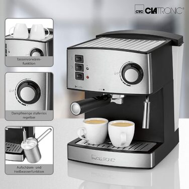 Clatronic® Espresso Machine | Small Coffee Machine | 15 bar Pump Pressure | 1.6 Liter Transparent Water Tank (Removable) | 2 Stainless Steel Nozzles with Frothing and Hot Water Function | 850 Watts | ES 3643