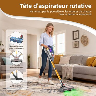 Бездротовий акумуляторний пилосос 58000Pa/550W з LED-дисплеєм та антизаплутувальною насадкою, об'єм 1.8L, для видалення шерсті тварин, килимів, твердих поверхонь та авто, колір золотий