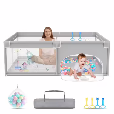 UISEBRT Playpen Baby 180x200cm Playard for Baby with 50 Ocean Balls & 4 Pull Rings & Carry Bag, Folding Playpen Tent with Breathable Mesh for Children, Blue with Animal Motifs 180x200x68cm Blue with Animal Motifs