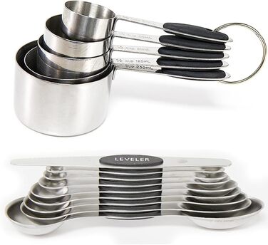 14-Piece Measuring Cup and Magnetic Measuring Spoon Set, Stainless Steel, 5 Measuring Cups with Silicone Handles, 8 Double-Sided Magnetic Measuring Spoons, and 1 Leveler (no duplicate specifications), Black