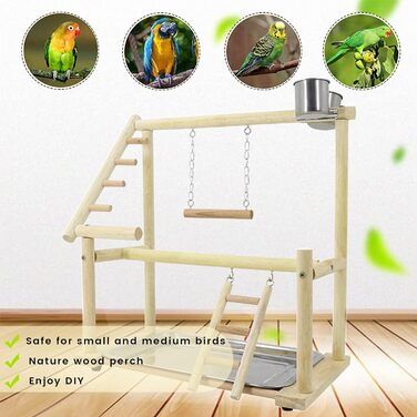 Budgie Playground Bird Playground with Feeder Cup Toy, Ladder, Climbing, Swing, and Tray for Canaries, Parakeets, Budgies, Wood, Size 45x37x26 cm #A (Wood 006)