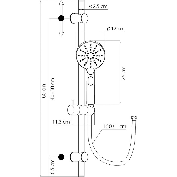 aquaSu® Shower Set Acana | Black | Showerhead: 3 Spray Patterns, Pattern Change via Button & 12 cm Spray Plate | 150 cm Metal Shower Hose | 60 cm Shower Rod | Slider | Anti-limescale Nozzles | 72288 9