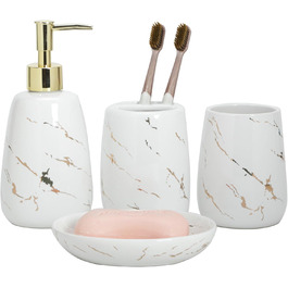 Bathroom Accessory Set, 4-Piece, complete with toothbrush holder, toothbrush cup, soap dispenser, soap dish, classic with gold-veined marble design, (White)