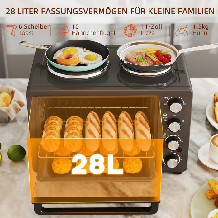 HOMCOM 28L Mini Oven 2600W Mini Oven 100-230℃ 60 Min. Timer, with 2 Warming Plates, Baking Tray and Grill Rack Pizza Oven with Crumb Tray, Tabletop Handle Black | Aosom