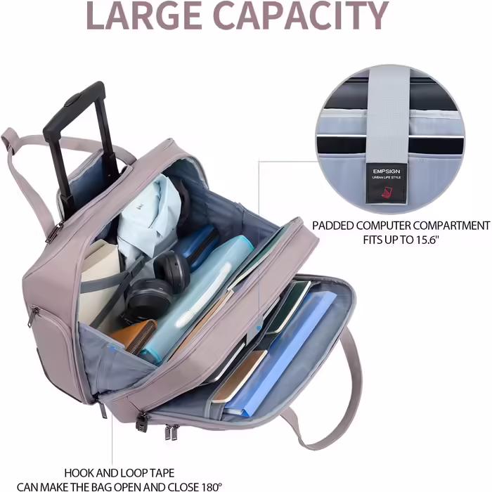 EMPSIGN Trolley Business Rolling Laptop Bag with Wheels, Rolling Laptop Case for Women Fits up to 15.6 Inch Laptop Briefcase on Wheels, Water-Resistant, with RFID Pockets, Pink