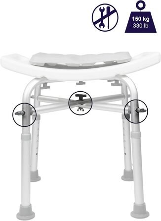 KMINA Shower Stool for Seniors - 150 kg Capacity, Double-Reinforced Crossbar, Cushion, Height Adjustable, Tool-Free Assembly - Made in Europe (White)