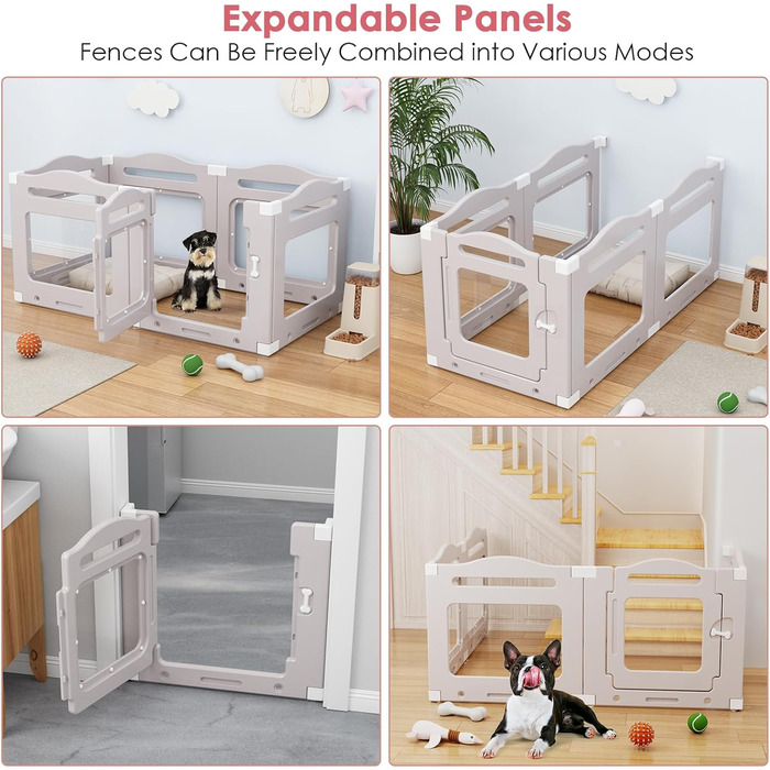 Клітка для цуценят з акрилу 60 см, 7 шт. + 1 вольєр для собак з дверцятами, без решіток, для дому, з присосками, прозора, теплий сірий (5+1)