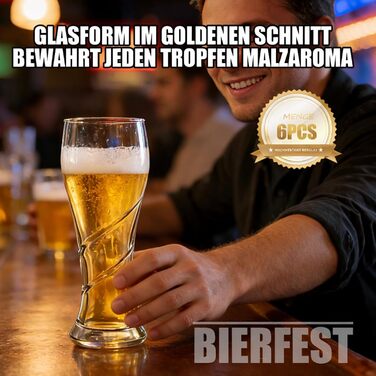 Набір келихів для пива 400 мл, безсвинцеве скло, спіралевидний дизайн, стійкі до температур та посудомийки, 6 шт.