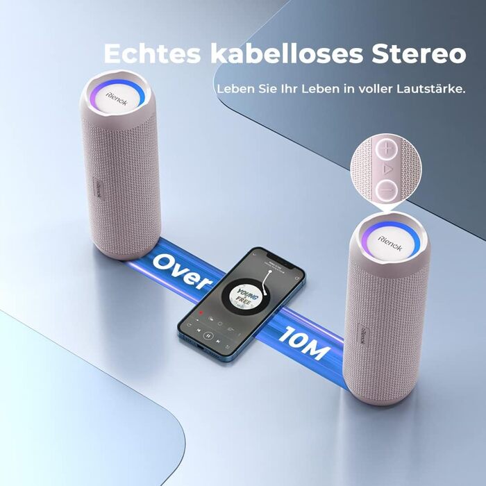 Bluetooth портативна колонка RIENOK з підсвіткою, IPX7, рожева, 3600 mAh