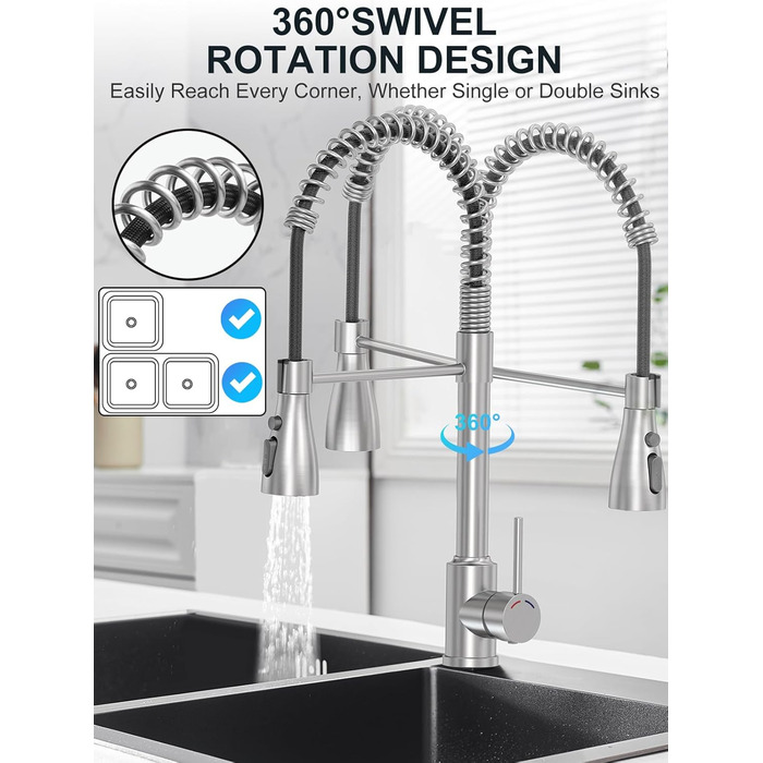 Висувний змішувач для кухні з високим тиском, кухонна арматура з поворотним виливом 360°, 4 режими, високий вигин, нержавіюча сталь, щіткова обробка, змішувач для раковини з одним отвором, ABS-розпилювач, з'єднання G3/8 (тільки для ЄС)