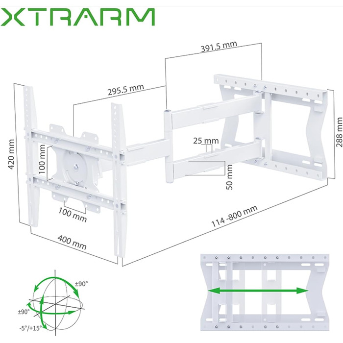 Кріплення для телевізора XTRARM TiTon Flex 80 см, поворотне, нахильне, біле, 60 кг, VESA max. 400x400 мм