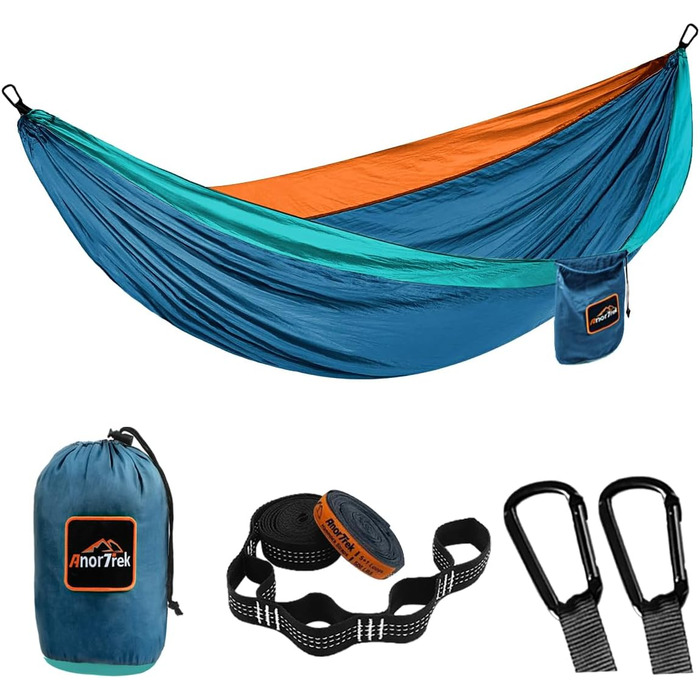 Намет-гамак для 2 осіб, 300x200 см, до 249 кг, ультралегкий, з ременями для дерев, дихаючий, для кемпінгу, подорожей, туризму, саду (синій/темно-синій/оранжевий)