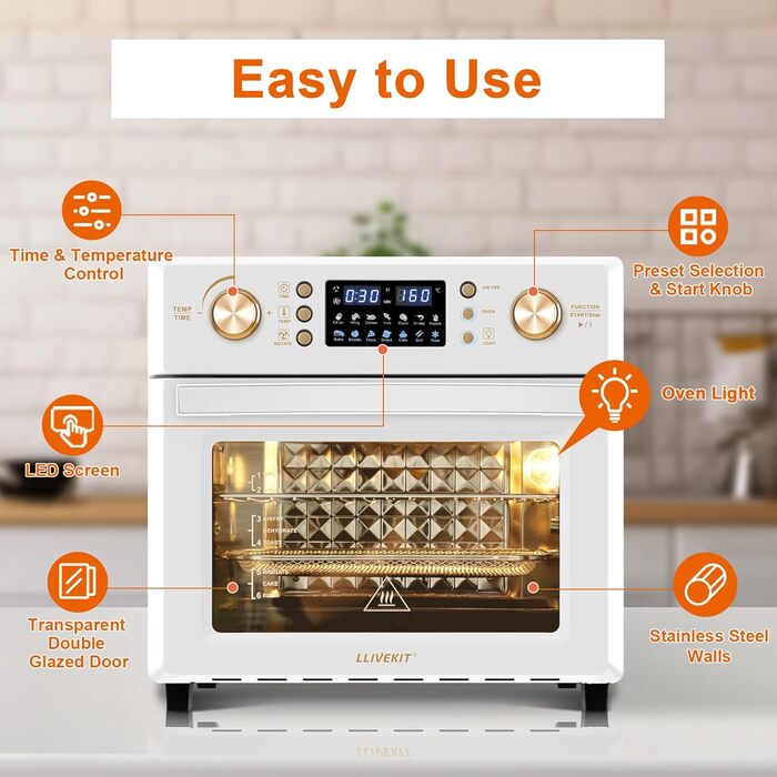 Аерофритюрниця LLIVEKIT 26 л, міні-піч з конвекцією, 14-в-1, 360° циркуляція повітря, швидке та здорове приготування з низьким вмістом жиру, енергозбереження 60%, 1700 Вт, кремова, 8 аксесуарів, книга рецептів