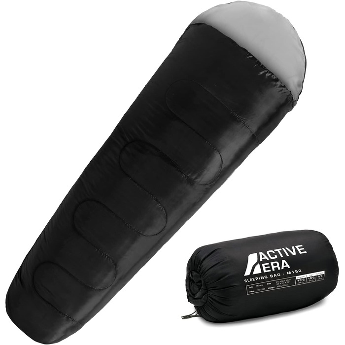 Сплячий мішок Active Era Mumienschlafsack – зимовий та літній, водонепроникний, захист від вітру, ультралегкий, температурний режим -10°C до 10°C, компактний, для кемпінгу, чорний